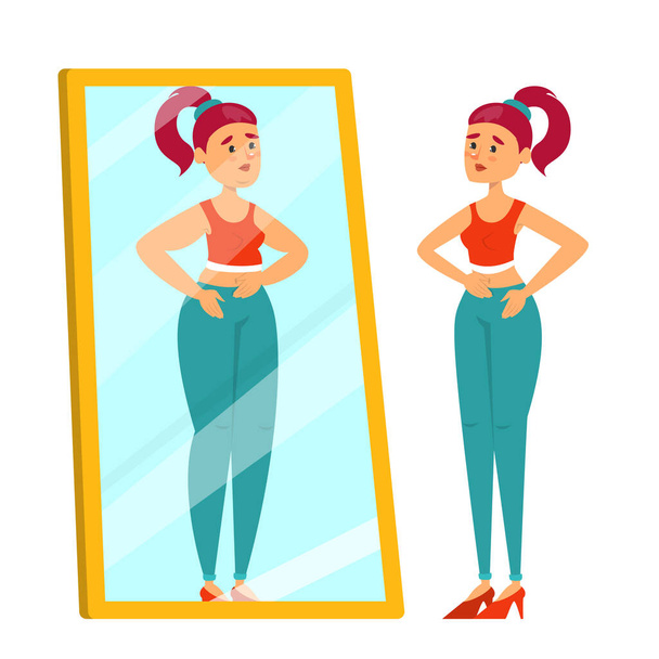 Magere Frau blickt in den Spiegel auf fettes Spiegelbild - Vektor, Bild