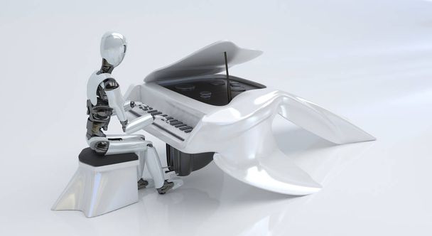 Un músico robot humanoide toca el piano blanco. Concepto futuro con robótica e inteligencia artificial. Renderizado 3D
. - Foto, imagen