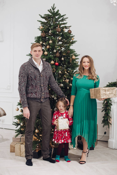 Sonriente familia caucásica junto al árbol de Navidad
. - Foto, Imagen