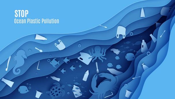 Okyanus plastik kirliliği pankart tasarımı şablonunu kağıt kesim stilinde durdurun. Papercut kelebek balığı, deniz atı, ay balığı, kaplumbağa, yengeç, ahtapot ve plastik çöp. Vektör Dünya Okyanus Günü konsepti - Vektör, Görsel