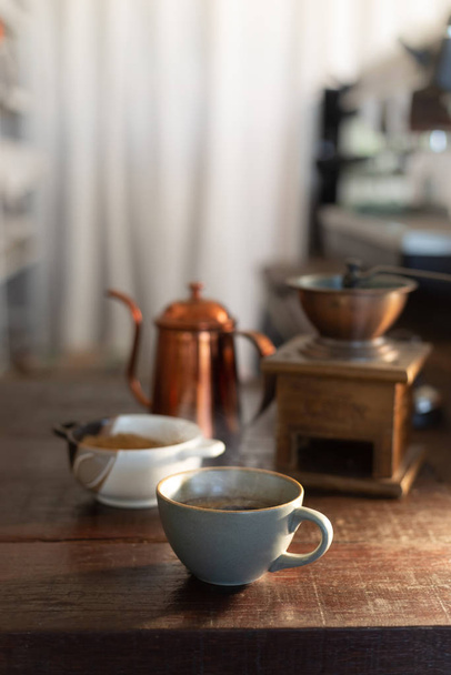 Cup of coffee americano on wood bar. - Foto, Imagem