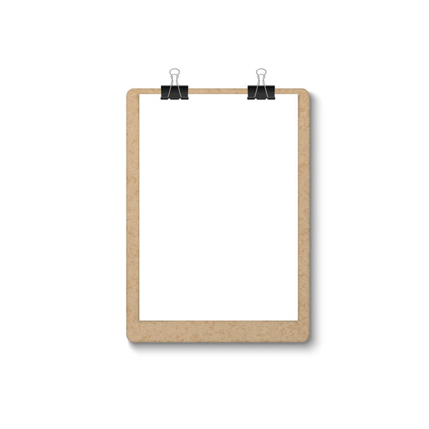 Vector 3d Realistic Brown Craft Clipboard with Blank Paper, Metal Clip Icon Closeup Isolated on White Background. Design Template for Notes, Mockup, Checklist, Questionnaire, Reminders - Vector, Image