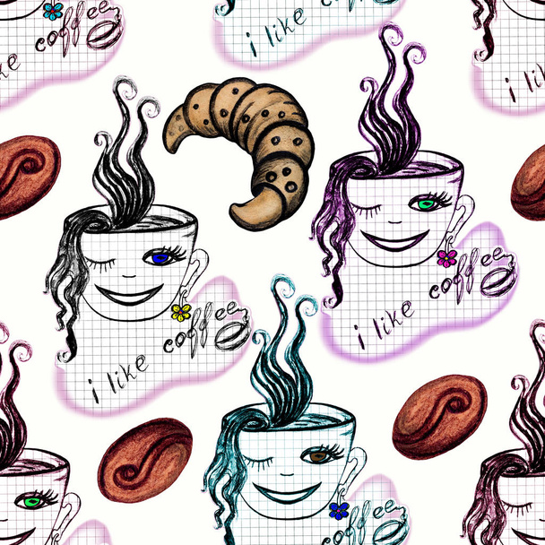 Modello di disegno a mano con tazze del fumetto di caffè, chicchi di caffè, croissant. Una tazza di caffè su un foglio di quaderno nel campo con il testo che amo caffè. Stampa per il design del menu del caffè
 - Foto, immagini