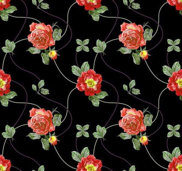 Red roses seamless pattern on black background. - illustration - Zdjęcie, obraz