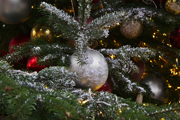 Christmas toy on a branch: silver ball, powdered with snow - Фото, зображення