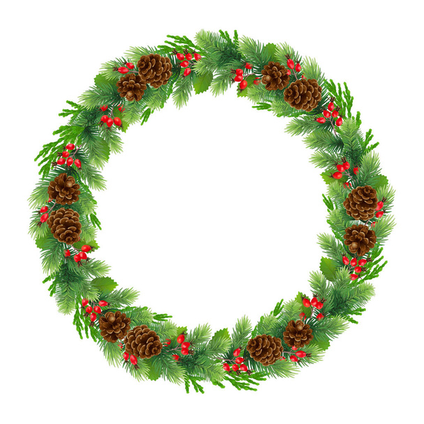 Wide Christmas garland / wreath of pine, cypress, red rosehip be - Photo, Image