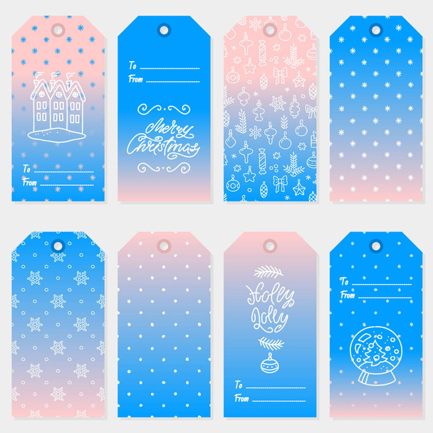 Set of gift tags for Christmas. Gift tags with cute doodle winter illustrations and hand drawn lettering on pink and blue background. Seasonal badge design. Vector 8 eps. - Wektor, obraz