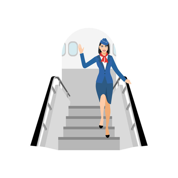 wektor Ilustracja stewardessy ubranej na niebiesko. stewardesa wysiada z samolotu, uśmiecha się i macha ręką - Wektor, obraz