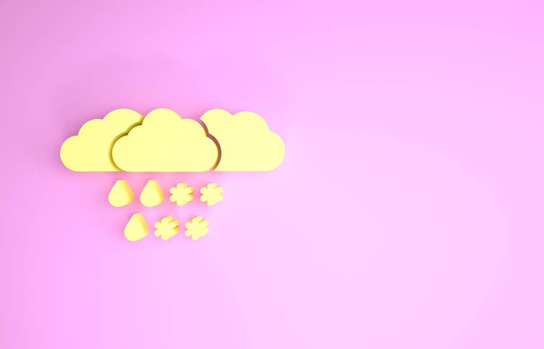 Yellow Cloud with snow and rain icon isolated on pink background. Weather icon. Minimalism concept. 3d illustration 3D render - Valokuva, kuva