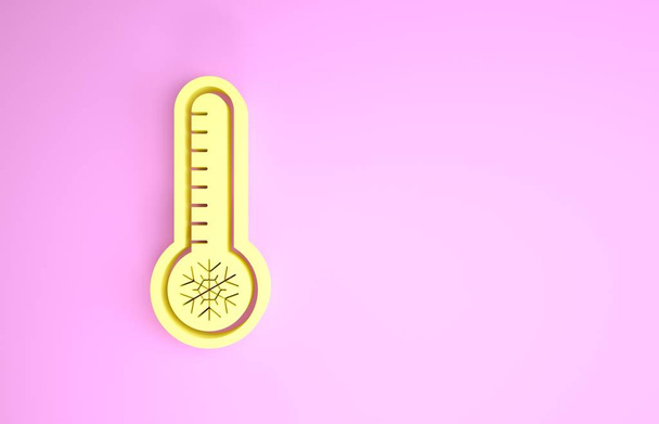 Gele Meteorologie thermometer meten warmte en koude pictogram geïsoleerd op roze achtergrond. Thermometer apparatuur toont warm of koud weer. Minimalisme concept. 3d illustratie 3d renderen - Foto, afbeelding