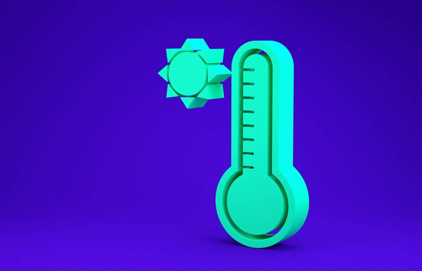 Зеленый метеорологический термометр, измеряющий тепло и холодную иконку на синем фоне. Термометр показывает жаркую или холодную погоду. Концепция минимализма. 3D-рендеринг - Фото, изображение