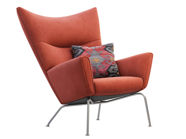 Mid-century red fabric wing chair with pillow. 3d render. - Photo, Image