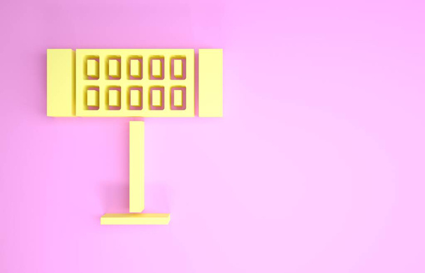gelbes Elektroheizungssymbol isoliert auf rosa Hintergrund. Infrarot Fußbodenheizung mit Fernbedienung. Hausklimatisierung. Minimalismus-Konzept. 3D Illustration 3D Renderer - Foto, Bild