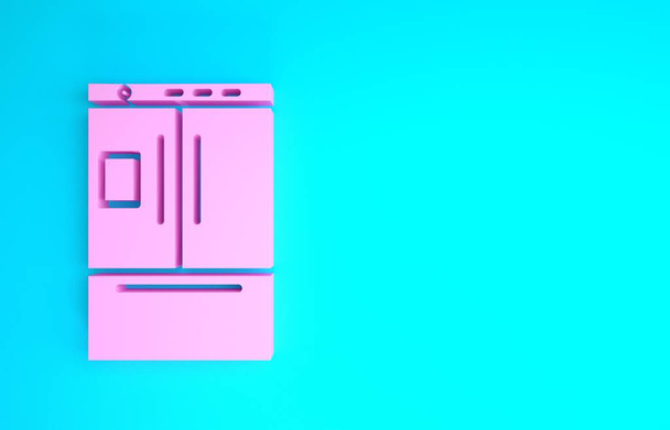 Pinkfarbenes Kühlschranksymbol isoliert auf blauem Hintergrund. Kühlschrank mit Gefrierfach Kühlschrank. Haushaltstechnologie und Haushaltsgeräte. Minimalismus-Konzept. 3D Illustration 3D Renderer - Foto, Bild