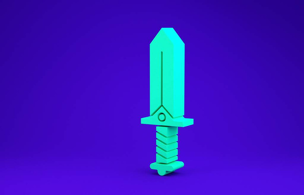 Épée verte pour icône de jeu isolé sur fond bleu. Concept de minimalisme. Illustration 3D rendu 3D
 - Photo, image