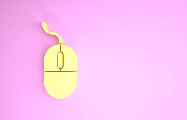 Keltainen Tietokone hiiri kuvake eristetty vaaleanpunainen tausta. Optinen pyörän symbolilla. Minimalismin käsite. 3d kuva 3D renderöinti - Valokuva, kuva