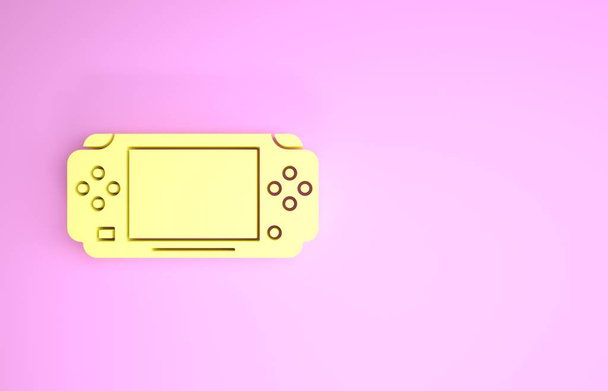 Geel Portable video game console pictogram geïsoleerd op roze achtergrond. Gamepad bord. Gokconcept. Minimalisme concept. 3d illustratie 3d renderen - Foto, afbeelding