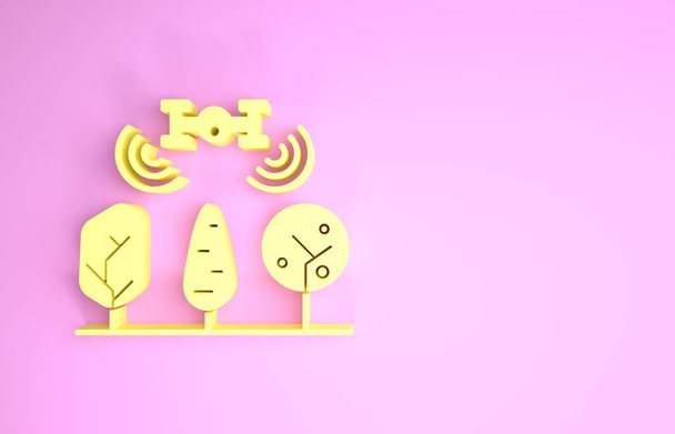 gelbe Smart Farm mit Drohnensteuerung und Baumsymbol isoliert auf rosa Hintergrund. Innovationstechnologie für landwirtschaftliche Unternehmen. Minimalismus-Konzept. 3D Illustration 3D Renderer - Foto, Bild