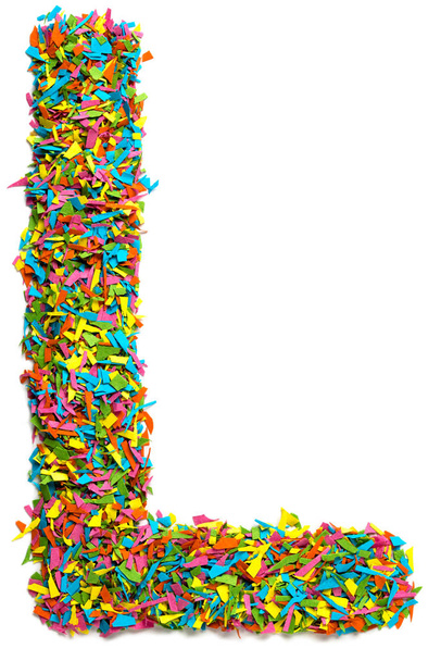 Big capital english letter L made of colourful paper confetti isolated on white background - Photo, Image