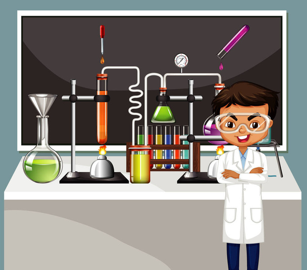 Classroom scene with science teacher and equipments - Vector, Image