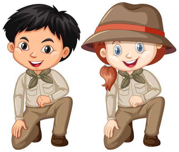 Αγόρι και κορίτσι φορούν στολή σαφάρι - Διάνυσμα, εικόνα