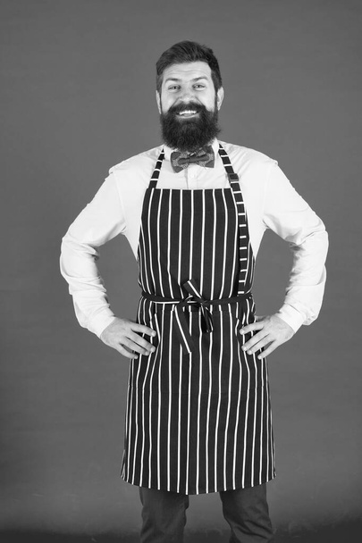 I will cook for you. Bearded man cook smiling in apron. Confident master cook with beard and moustache wearing bib apron. Stylish chief cook in bow tie and cooking apron - Foto, Bild