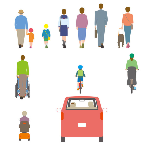 Ανθρώπους, ποδήλατα, αυτοκίνητα. Εικονογράφηση από πίσω - Διάνυσμα, εικόνα