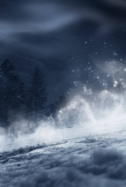 Fondo oscuro del bosque de invierno por la noche. Nieve, niebla, luz de luna. Fondo oscuro de neón nocturno en el bosque con luz de luna. Figura de neón en el centro. Vista nocturna, magia
. - Foto, imagen