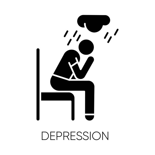 Ikona depresivního glyfu. Smutný a ustaraný muž. Nálada. Brečící osoba. Vyčerpání a únava. Frustrace a stres. Duševní porucha. Symbol siluety. Negativní prostor. Izolovaná vektorová ilustrace - Vektor, obrázek