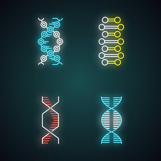 DNA spiral chains neon light icons set. Deoxyribonucleic, nucleic acid helix. Chromosome. Molecular biology. Genetic code. Genome. Genetics. Medicine. Glowing signs. Vector isolated illustrations - Vector, Image
