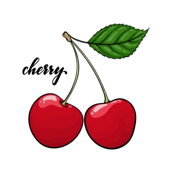 Beautiful cartoon red cherry with lettering text cherry. design for holiday greeting card and invitation of seasonal summer holidays, beach parties, tourism and travel. - Vektor, obrázek