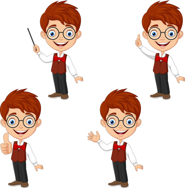 Illustration vectorielle du garçon intelligent de bande dessinée dans différentes poses
 - Vecteur, image