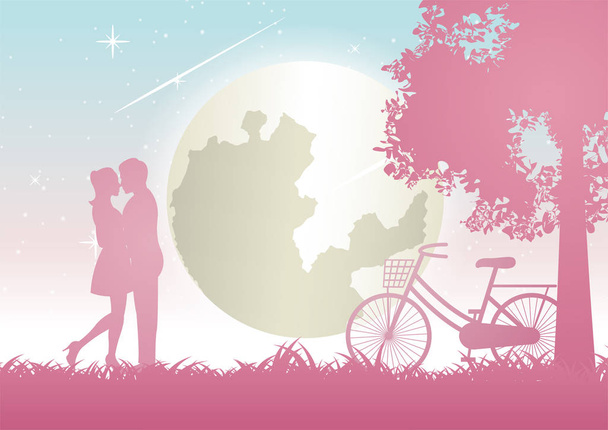 пара обнимаются и целуются рядом велосипед и большое дерево, концепт-арт, векторная иллюстрация
 - Вектор,изображение
