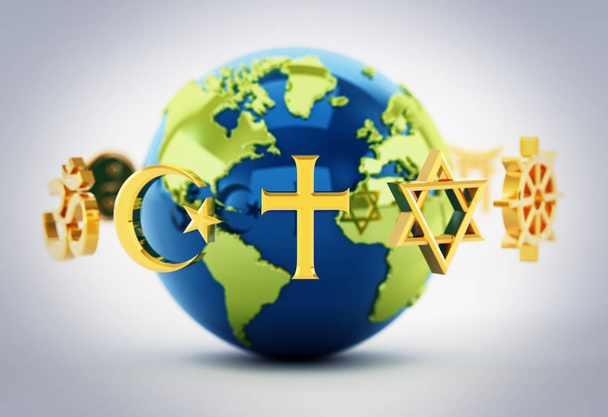 Religion symbols scattered around earth . 3D illustration - Photo, image