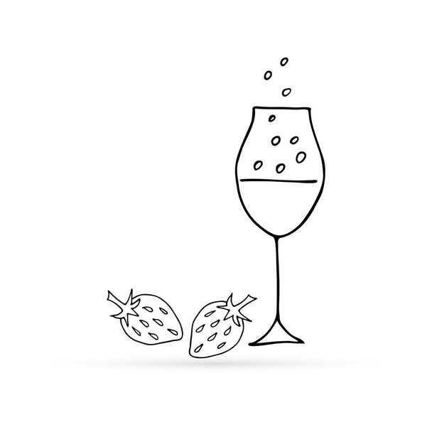 Doodle glass of wine or champagne with bubbles with strawberry icon isolated. Sketch wedding toast. Sparkling wine and celebration. Symbol romantic. Outline vector illustration - Vetor, Imagem
