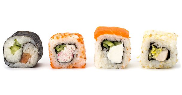 erilaisia sushi roll valkoisella pohjalla Japanilainen keittiö
 - Valokuva, kuva