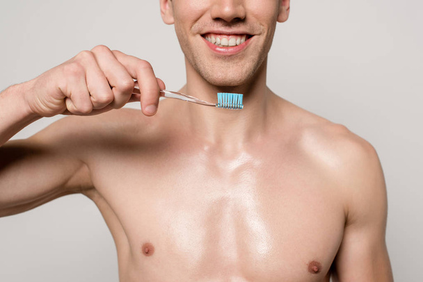 обрезанный вид улыбающегося сексуального мужчины с голой туловищем, держащего зубную щетку изолированной на сером
 - Фото, изображение
