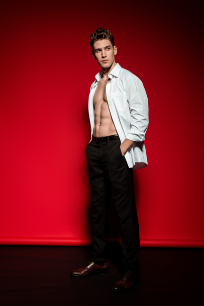 sexy young elegant man in unbuttoned shirt with muscular bare torso and hands in pockets on red background - Photo, Image