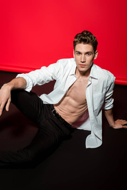 sexy young elegant man in unbuttoned shirt with muscular bare torso sitting on floor - 写真・画像
