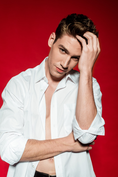 sexy young elegant man in unbuttoned shirt touching hair on red background - 写真・画像