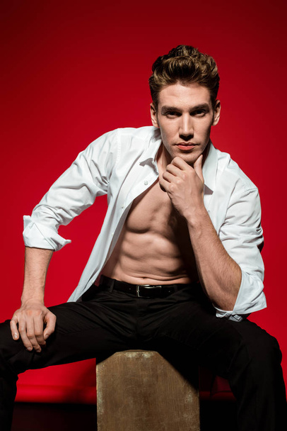 sexy young elegant man in unbuttoned shirt with muscular bare torso posing on box and touching chin on red background - Photo, Image
