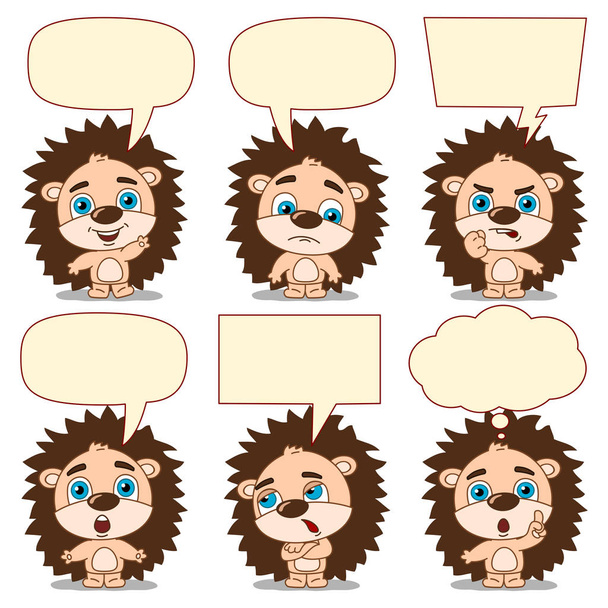 set of charming cartoon characters of hedgehogs with speech bubbles in different poses  - Vetor, Imagem