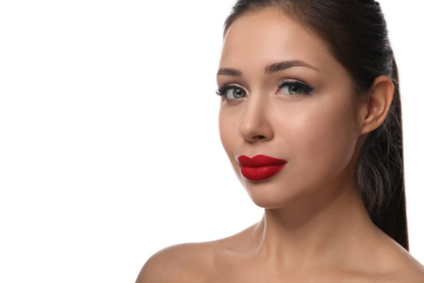 Beautiful woman with red lipstick on white background - Фото, изображение