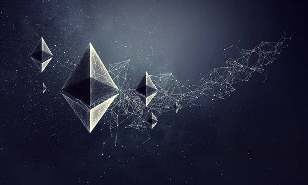 Crypto currency space. 3d rendering - Foto, afbeelding