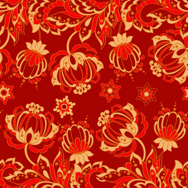 Illustration florale vectorielle en style textile asiatique. Modèle sans couture avec des fleurs ethniques. - Vecteur, image