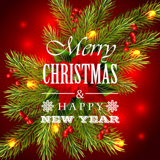 Carte de voeux de Noël. Carton rouge avec branches de conifères, poinsettia et texte de félicitations
. - Photo, image