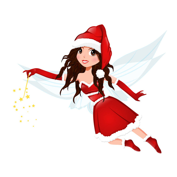 Süße Weihnachtsfee im roten Kleid mit Hut. Zeichentrickfigur isoliert auf weißem Hintergrund. - Foto, Bild
