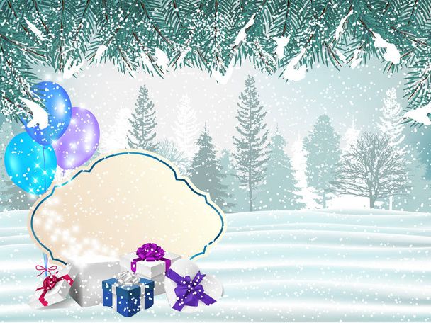 Winterbos landschap. Kerstvakantie achtergrond met magische cadeaus, ballonnen en lege kaarten. - Foto, afbeelding