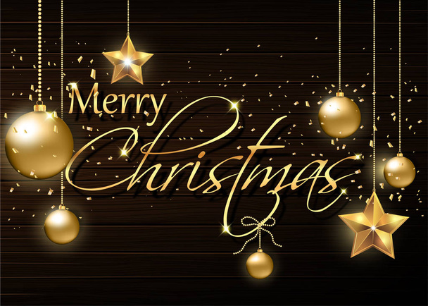 Gold hanging ornaments and dark wood board. Christmas decoration. Greeting card. - Фото, изображение