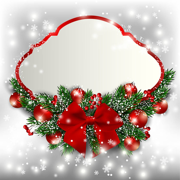 Bannière de Noël décorée de branches de sapin et ornements rouges et noeud de ruban. Fond brillant étincelant. Espace de copie pour le texte
. - Photo, image